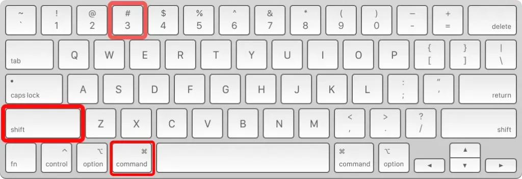 A close-up image of a standard QWERTY keyboard layout, likely for a Mac, highlighting three keys with red boxes: the Shift key on the left, the Command key on the bottom row next to the spacebar, and the '#' / '3' key on the top row.