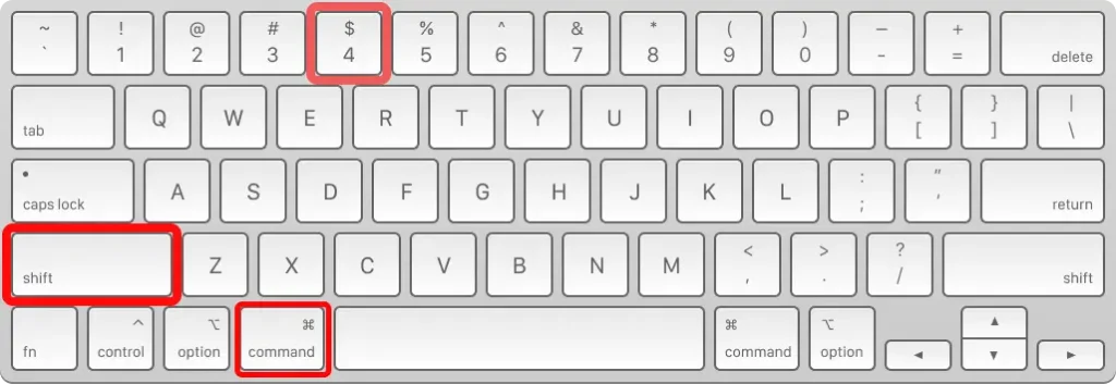 A close-up image of a standard QWERTY keyboard layout, likely for a Mac, highlighting three keys with red boxes: the **Shift** key on the left, the **Command** key on the bottom row next to the spacebar, and the **'$' / '4'** key on the top row.