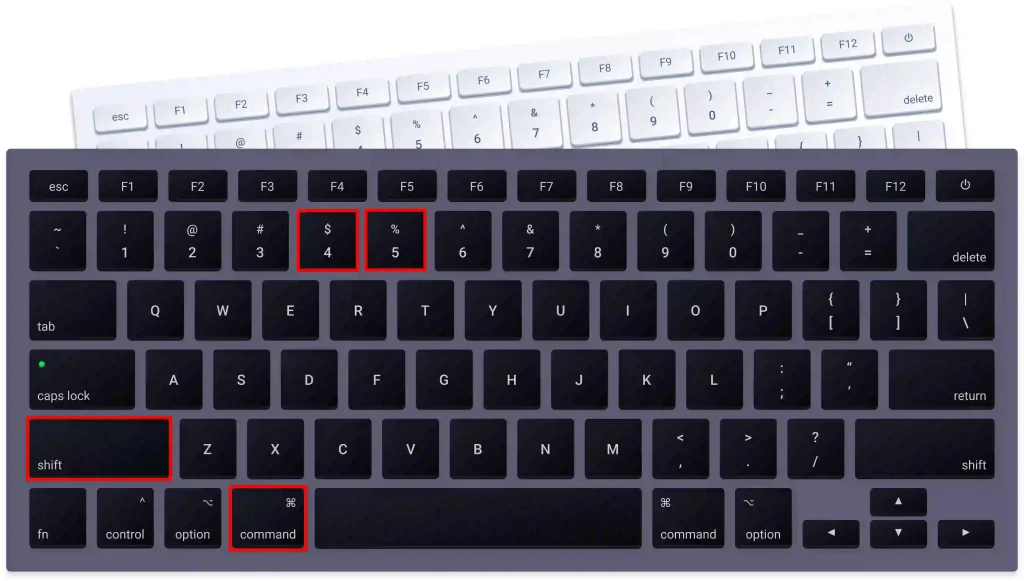 An image showing two keyboards, one white and one dark grey. The dark grey keyboard has several keys highlighted with red boxes to indicate a keyboard shortcut: **Shift**, **Command**, **4** (**$** symbol), and **5** (**%** symbol). This visual guide is demonstrating keyboard shortcuts relevant to the process of how to take long screenshots on Mac OS