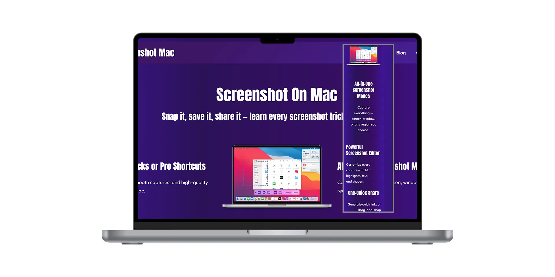 A silver MacBook Pro displays a website titled "Screenshot On Mac" with information about taking screenshots. The main image on the screen shows a macOS desktop with various application icons. A vertical banner on the right side of the screen details "All-in-One Screenshot Modes" and "Powerful Screenshot Editor." The overall image highlights the process and tools for how to take long screenshots on Mac OS
