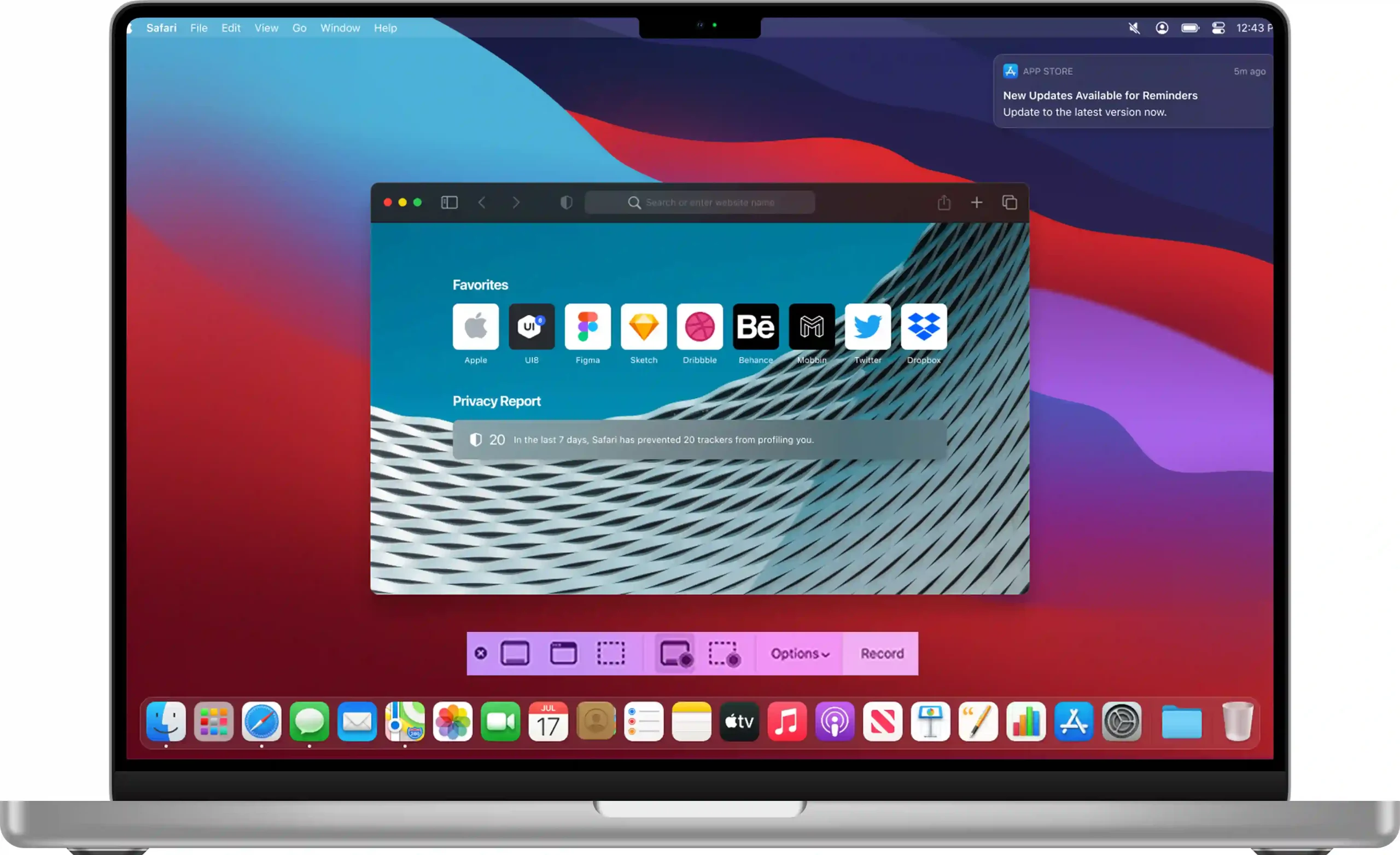 A screenshot of a macOS desktop with a vibrant pink and purple wallpaper. The screenshot utility is active, showing options for screen recording capturing and telling that How to Take Screenshot on macOS, with a dashed-line square overlaying the center of the screen to indicate a selection area. A 'Favorites' sidebar menu is also open on the left.