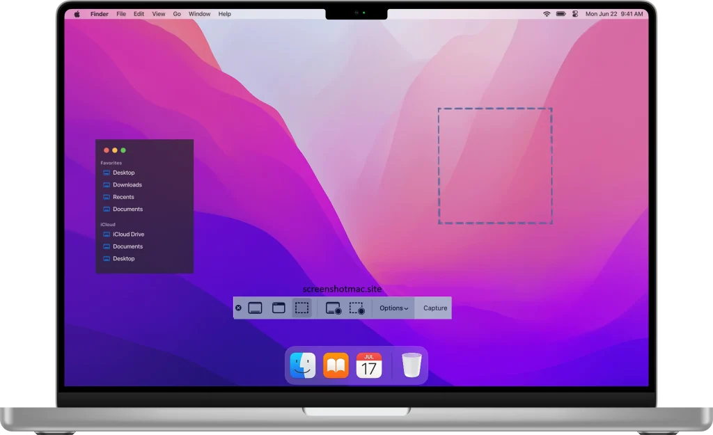 A screenshot of a macOS desktop with a vibrant pink and purple wallpaper. The screenshot utility is active, showing options for screen recording , taking screenshot of a portion ,capturing and telling that How to Take Screenshot on macOS, with a dashed-line square overlaying the center of the screen to indicate a selection area. A 'Favorites' sidebar menu is also open on the left.